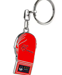 Metallischer Schlüsselanhänger-karate-tokaido-rot-blau-auf-karate-gi-gesicht-rot